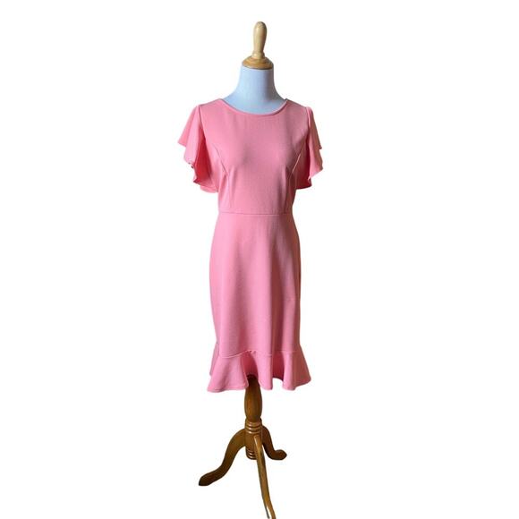 Ruffle Sleeved Knee Length Pink Modest Dress - Picture 1 of 5